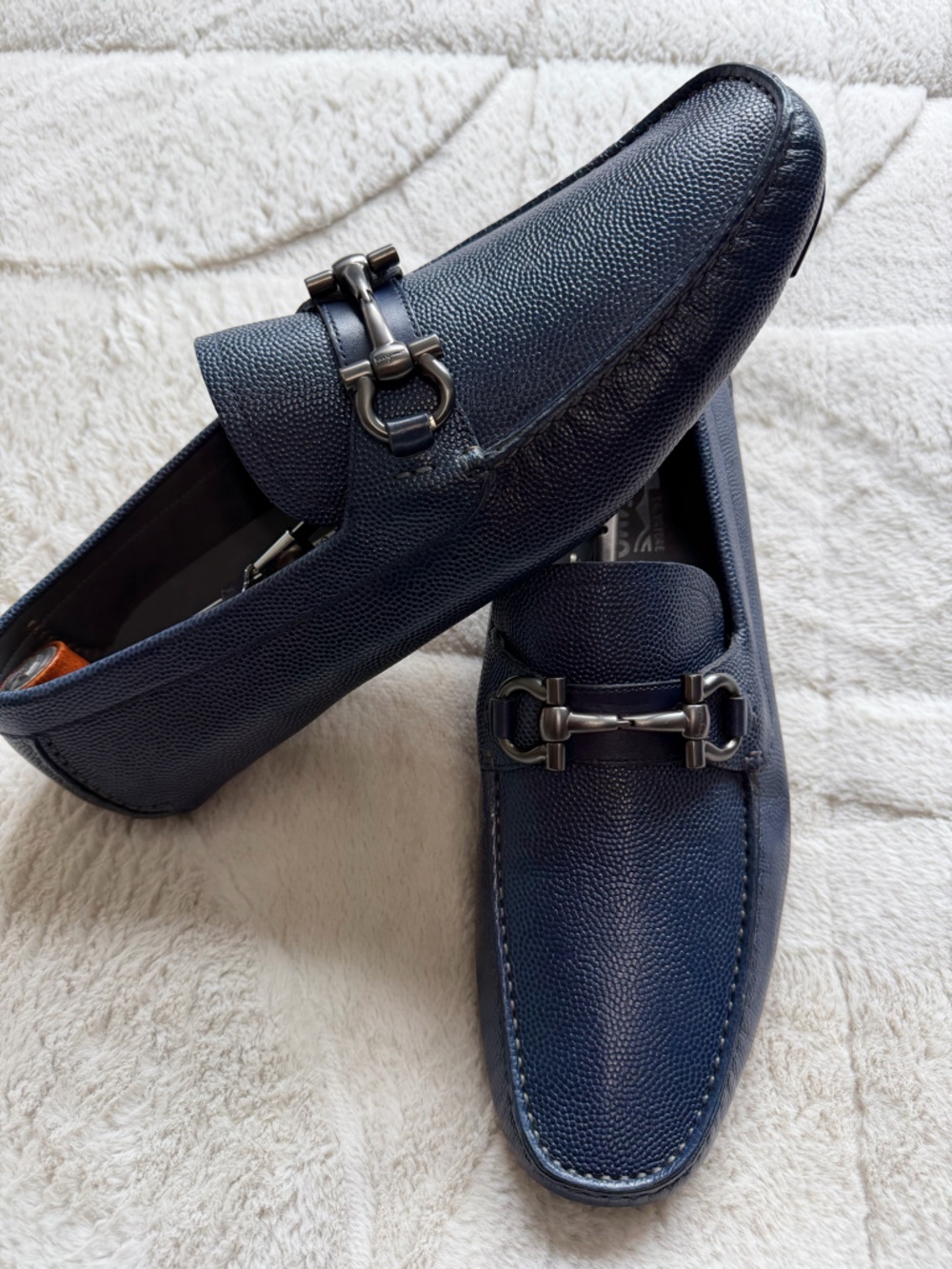NEW! $795 Ferragamo Navy Pebble Leather Gancini Parigi Bit Loafers 11.5 12.5